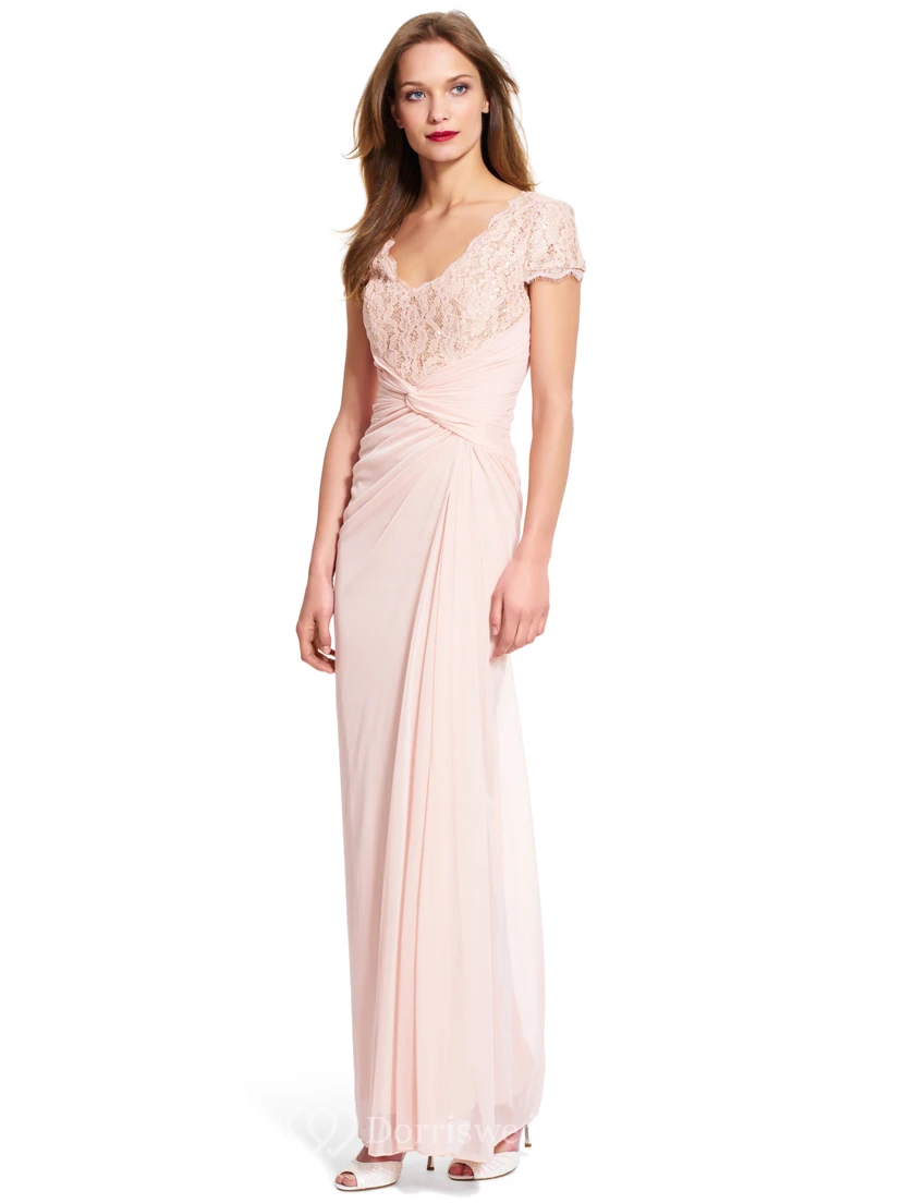 Sheath V-Neck Short-Sleeve Draped Chiffon Bridesmaid Dress