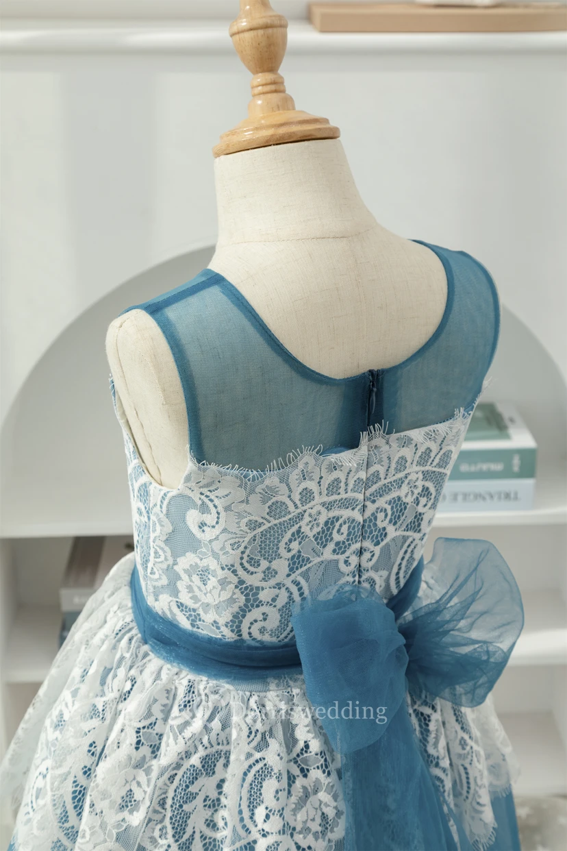 Lace Two-Tone White and Blue Ball Gown Flowergirl Dress with Petals view 9