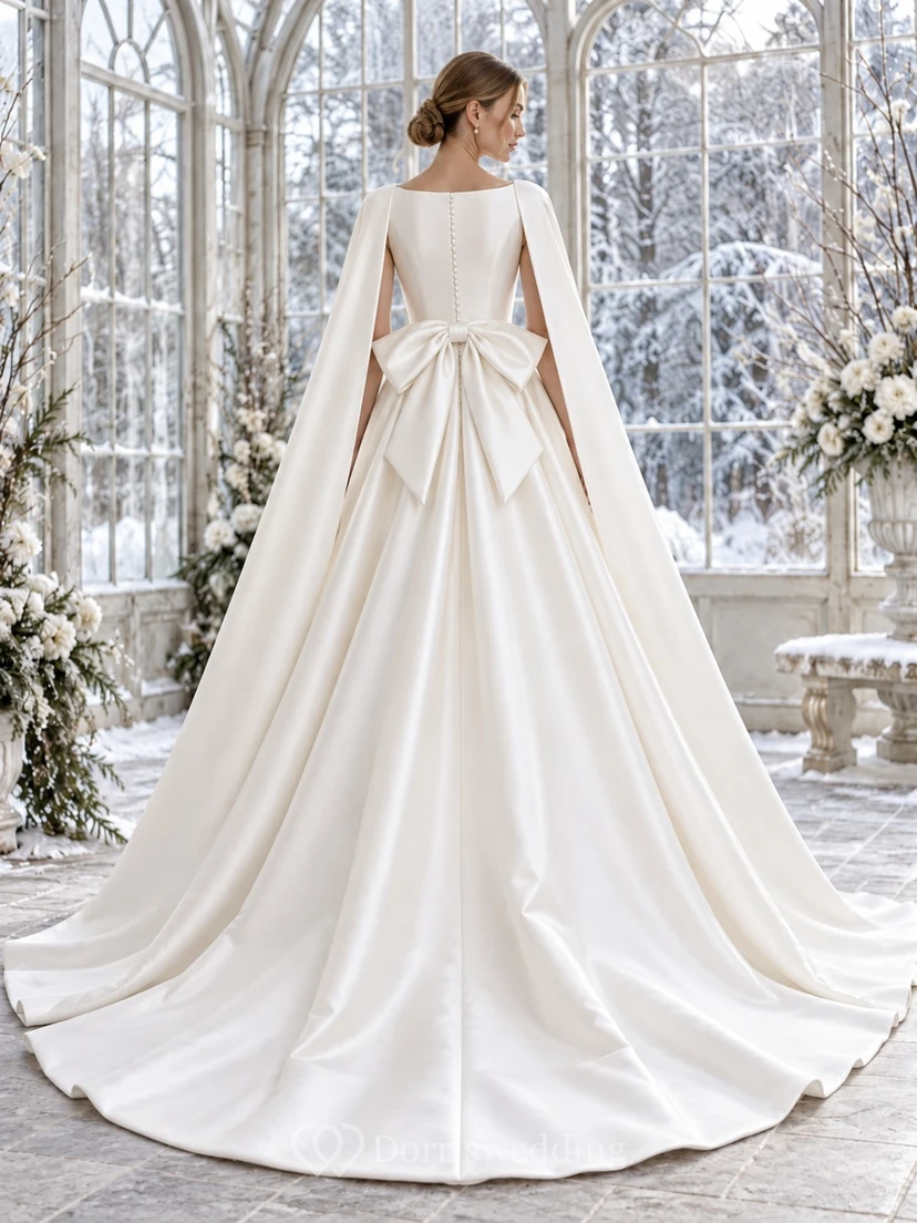 Vestido de novia sencillo de invierno con escote barco, sin mangas, de satén plisado con lazo y capa, corte en A view 2