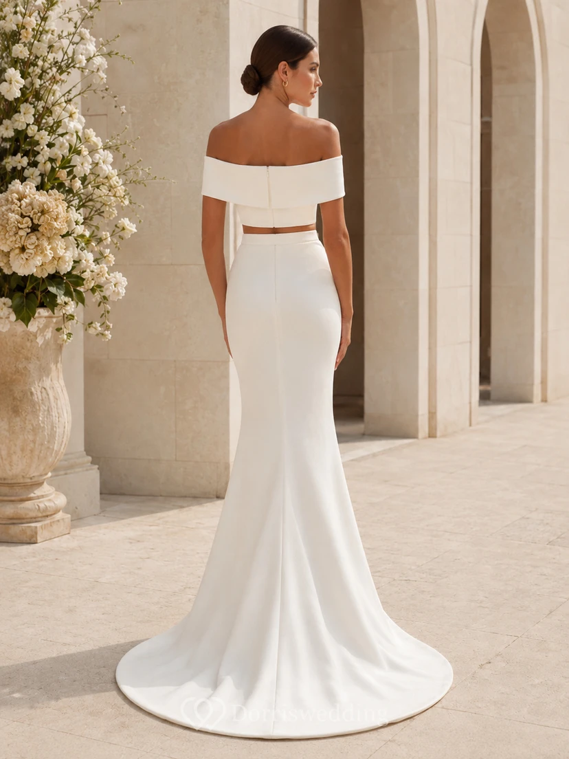 Modern Off Shoulder Satin Two Piece Wedding Sheath Short Sleeve Sweep Train view 2