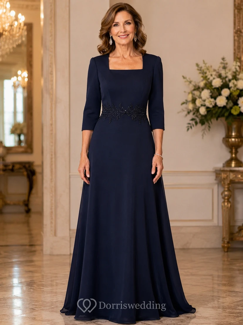 Dark Navy Square Neck Mother Gown Dark Navy Square A-Line Floor-length