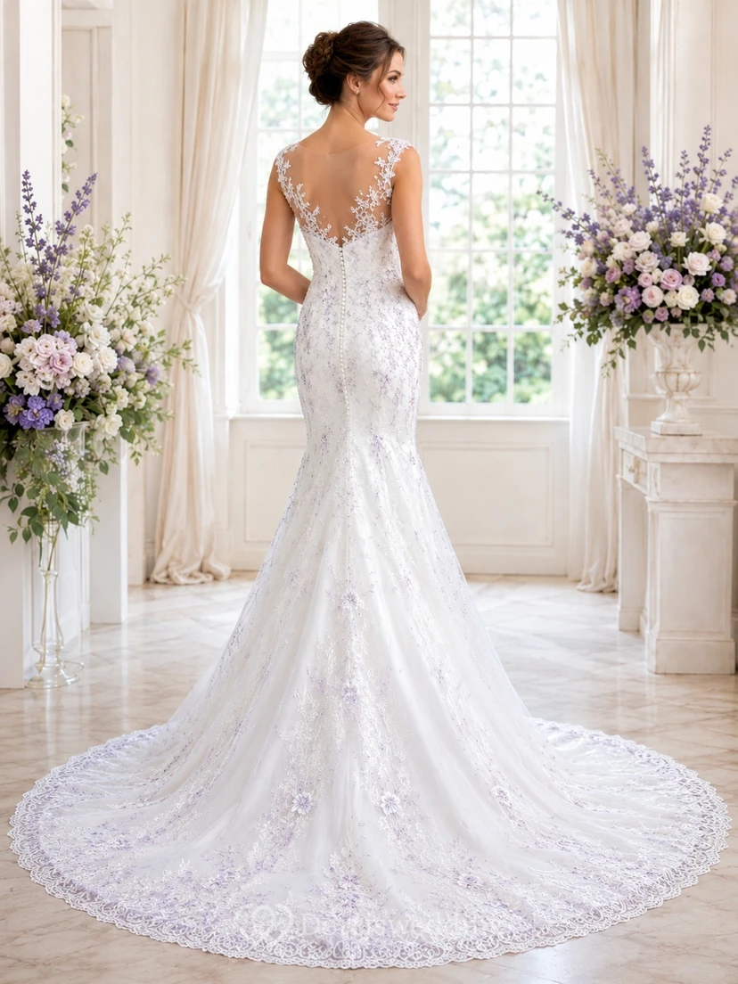 Lavender Lace Mermaid Bridal Dress V-neck Cap Sleeve Cathedral Train view 2