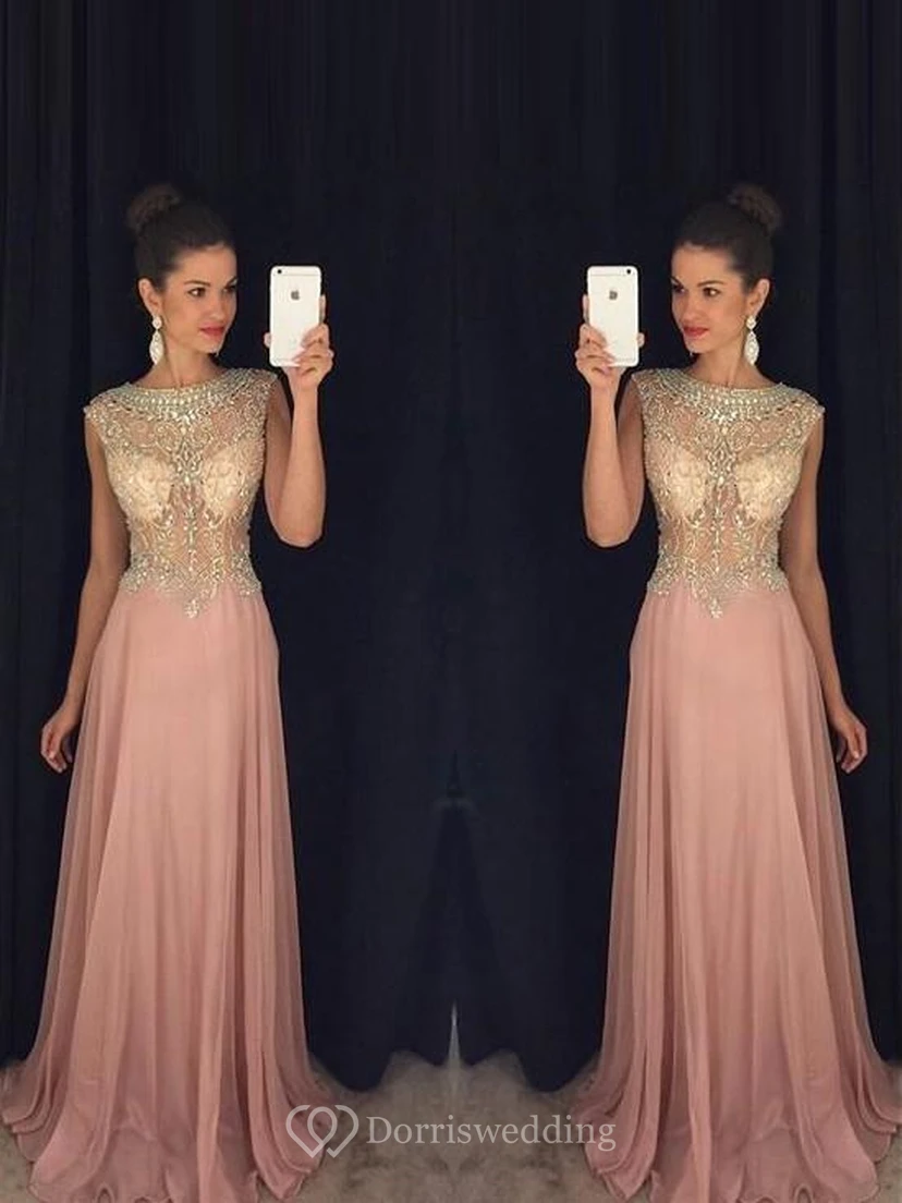 A-line Sleeveless Scoop Beading Chiffon Sweep Train Dresses
