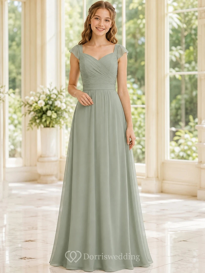 Celadonfarbenes Brautjungfernkleid für junge Damen, A-Linie, V-Ausschnitt, kurze Ärmel, plissiert