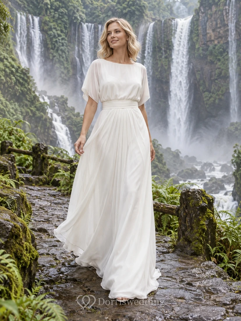 Simple Jewel Loose Short Sleeve Draped Sheath Bridal Wedding Dress