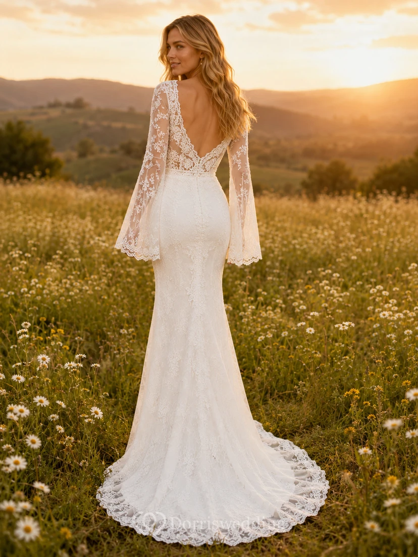 Long Bell Sleeve Boho Sheath Lace Meadow Elopement Wedding Dress view 2