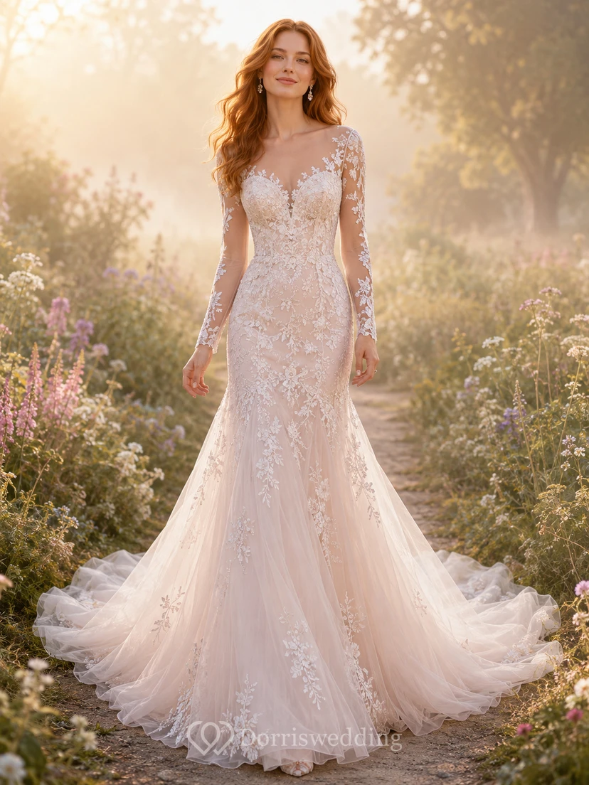 Brautkleid aus zartrosa Spitze und Tüll, A-Linie, V-Ausschnitt, ärmellos, Kapellenschleppe, Applikationen, tiefer V-Ausschnitt am Rücken