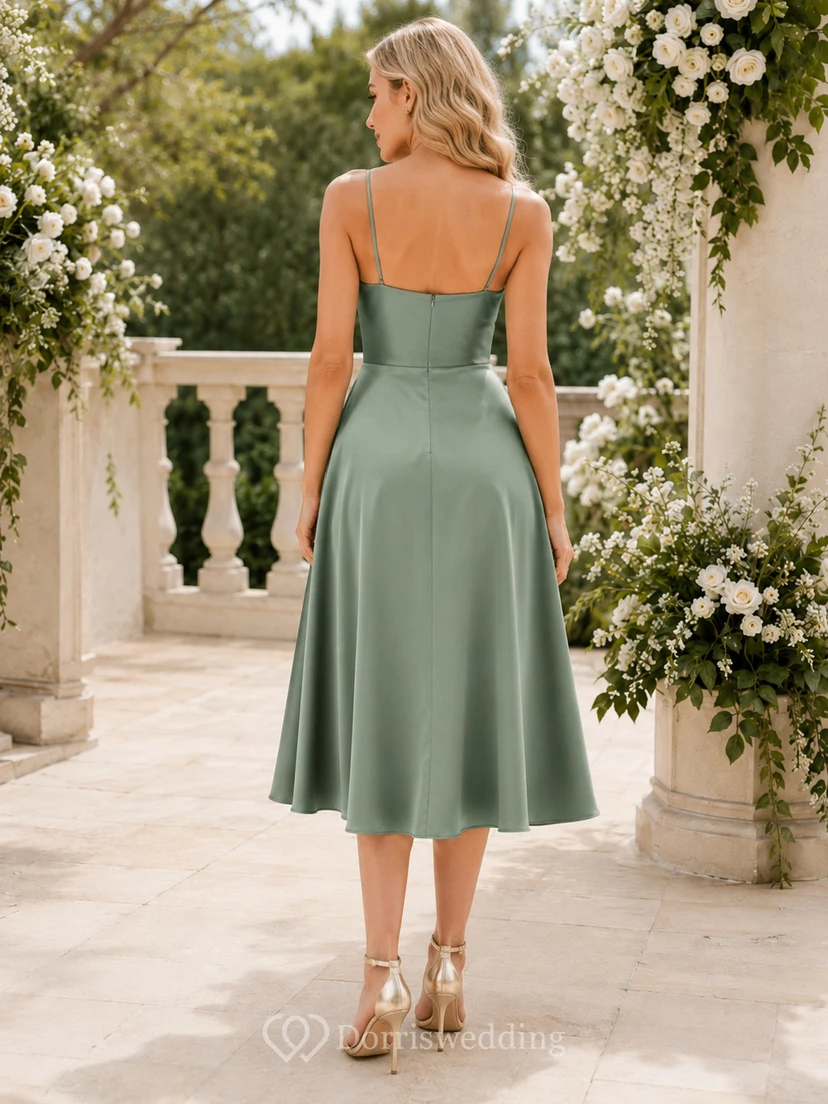 Sage Spaghetti Satin Wedding Guest Cocktail Dress view 2