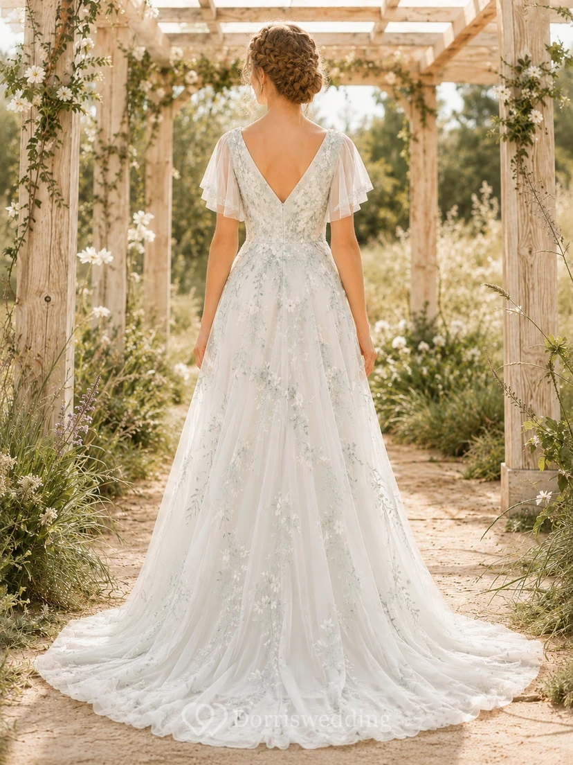 Celadon Floral Bridal A-Line V-neck Short Sleeve Chapel Train Romantic Elegant Gown view 2