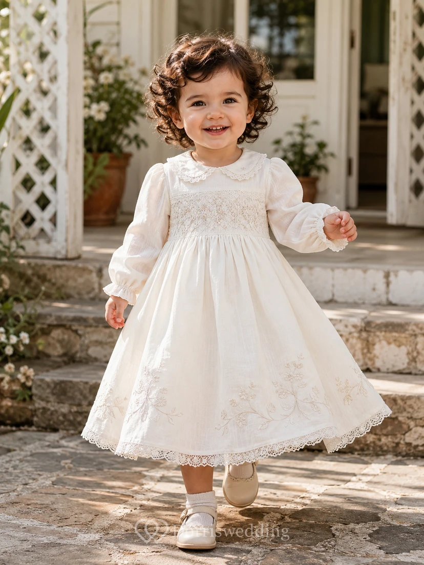 Long Sleeve Lace Baby Christening A-Line Tea-Length Bow Back Dress