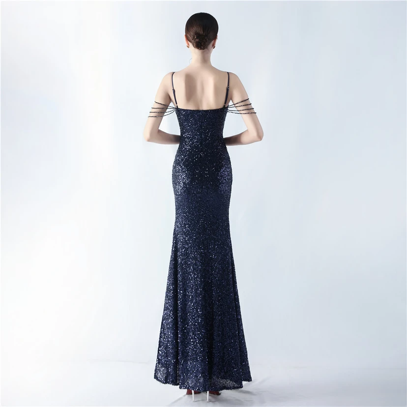 Robe de soirée sexy à bretelles et fente haute, ornée de perles et de perles artisanales. view 29
