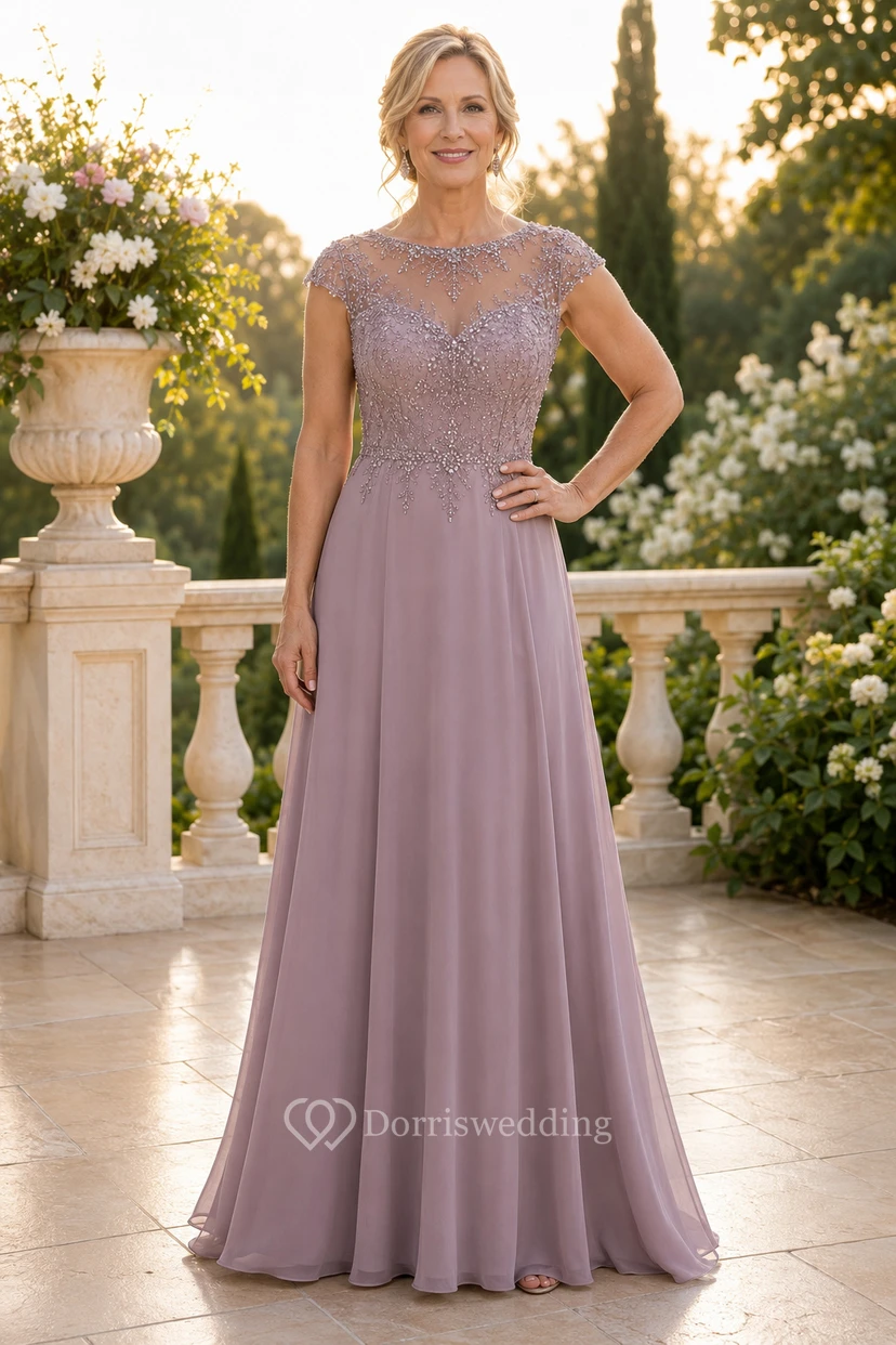 Lila Chiffon-Kleid in A-Linie mit perlenbesetztem Oberteil