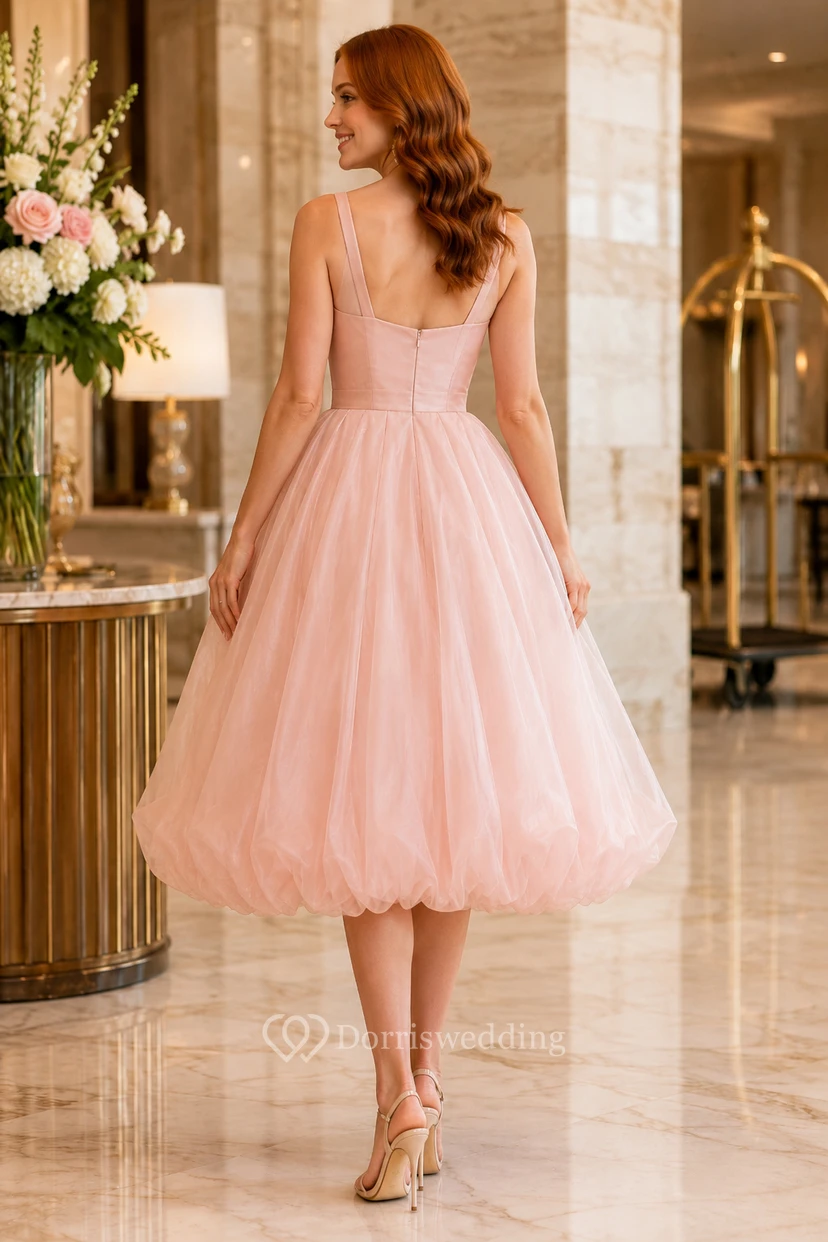 Cocktail Dress Blush Tulle A-Line Square Neck Sleeveless Tea Length view 2