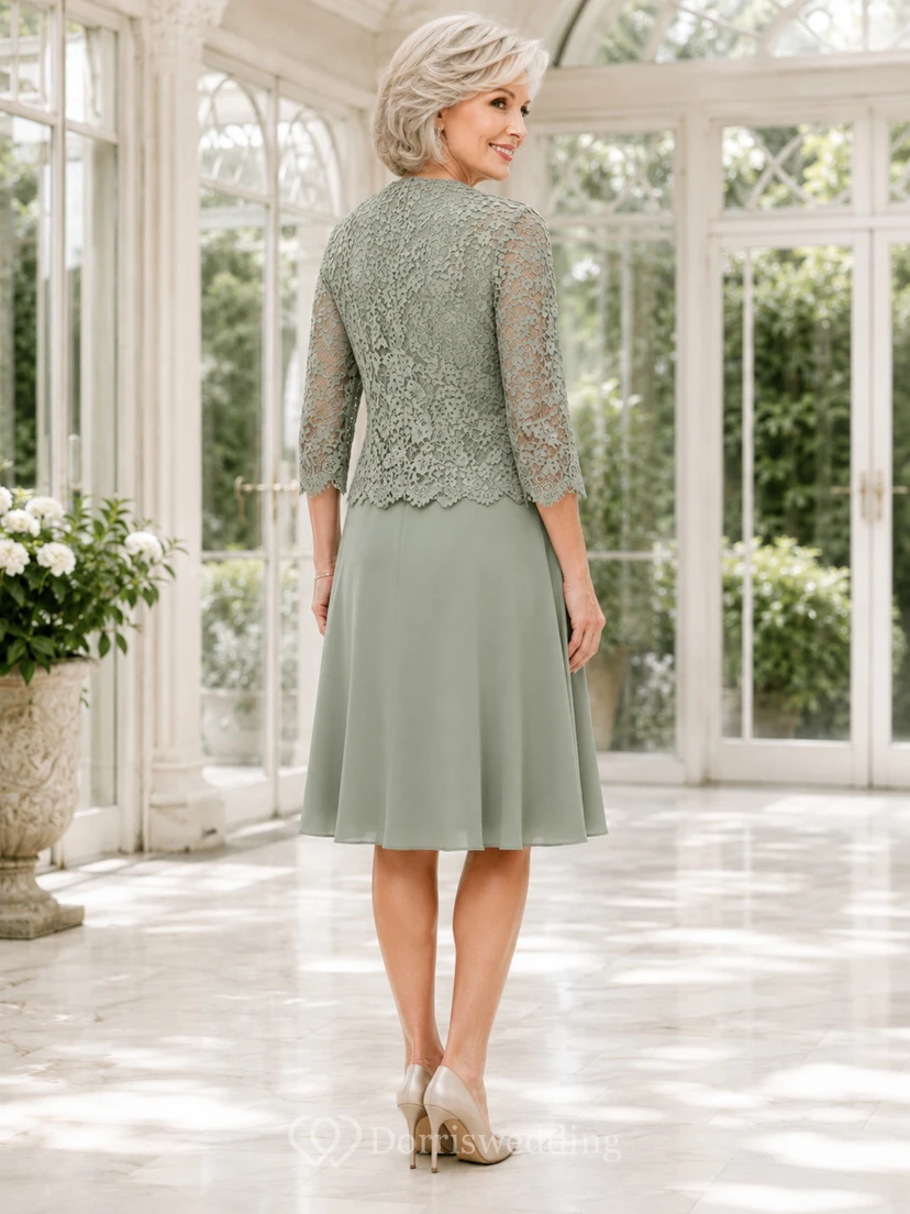 Elegantes, knielanges Cocktailkleid in Salbeigrün mit A-Linien-Schnitt, Rundhalsausschnitt, Dreiviertelärmeln und einer Jacke aus Muschelspitze mit Rundhalsausschnitt. view 2