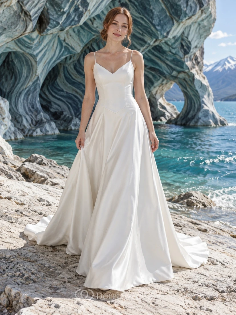 Sencillo vestido de novia de satén con escote en V, corte en A, tirantes finos y cintura puntiaguda.