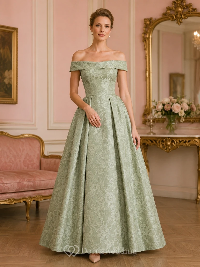 Sage Vintage Elegant Off-Shoulder Short-Sleeve Satin Draped Ball-Gown Floor-Length Evening Dress