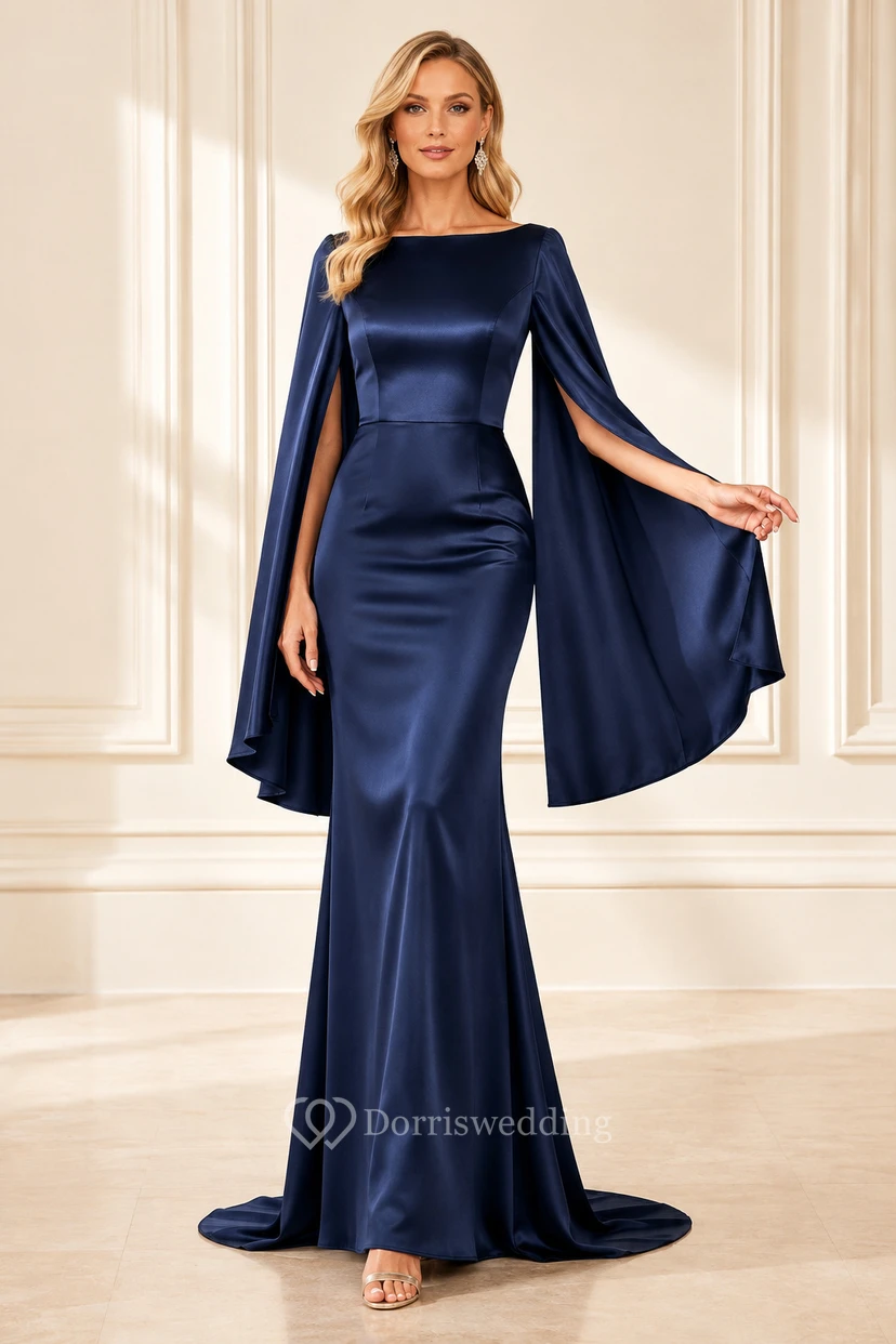 Evening Gown Dark Navy Satin Mermaid Bateau Neck Cape Sleeve Sweep Train
