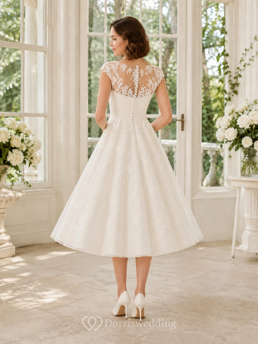 Vestido de novia clásico vintage británico de encaje con mangas cortas y escote barco hasta la rodilla view 2