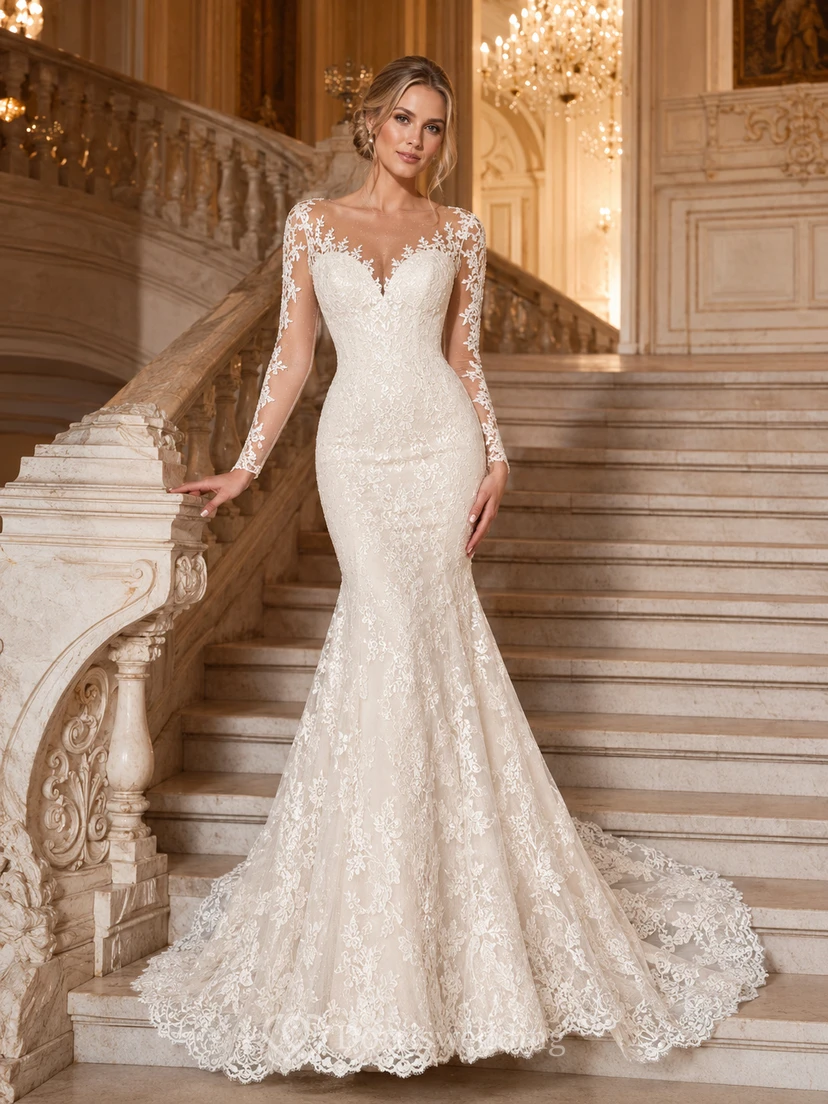 Langärmeliges Meerjungfrauen-Brautkleid aus Illusionsspitze