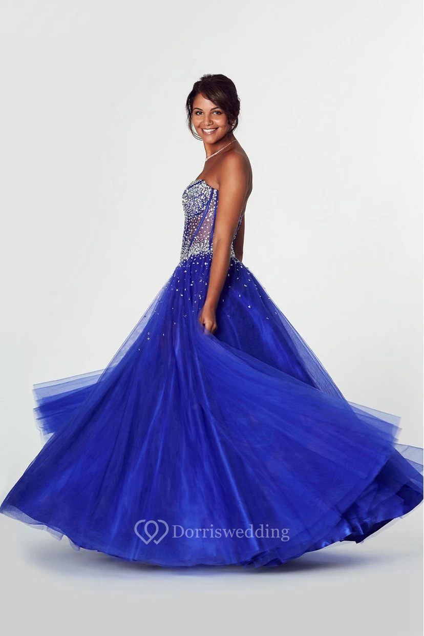 A-Line Strapless Beaded Tulle Prom Dress With Lace-Up Back view 4