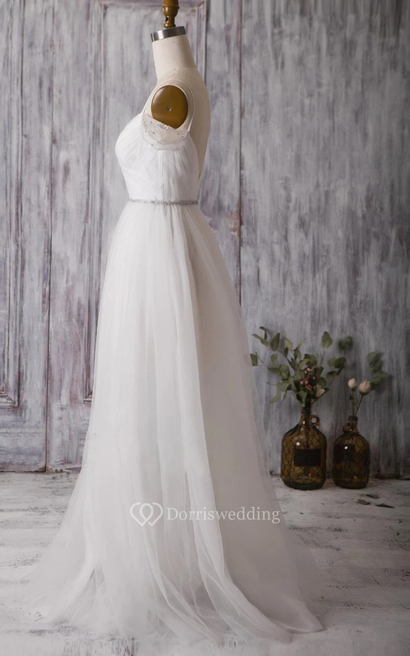 A-Line Pleated Tulle Dress With Crisscross Bodice and Spaghetti Straps view 3