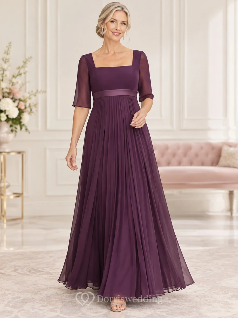 Vestido de gasa plisada de corte imperio, largo hasta el suelo, con escote cuadrado y mangas tres cuartos, color ciruela, ideal para la madre de la novia.