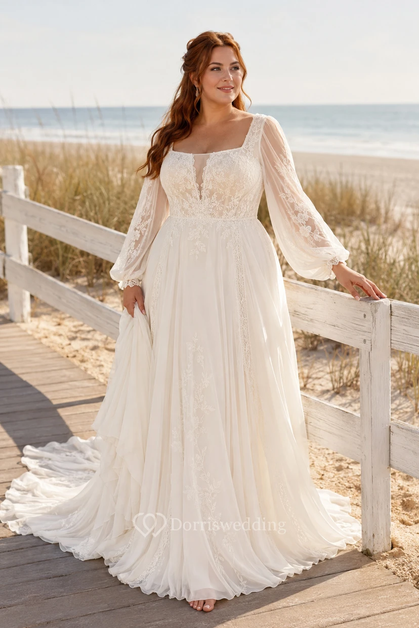 Plus Size Ivory Square Neck Long Sleeve Lace A-Line Wedding Dress