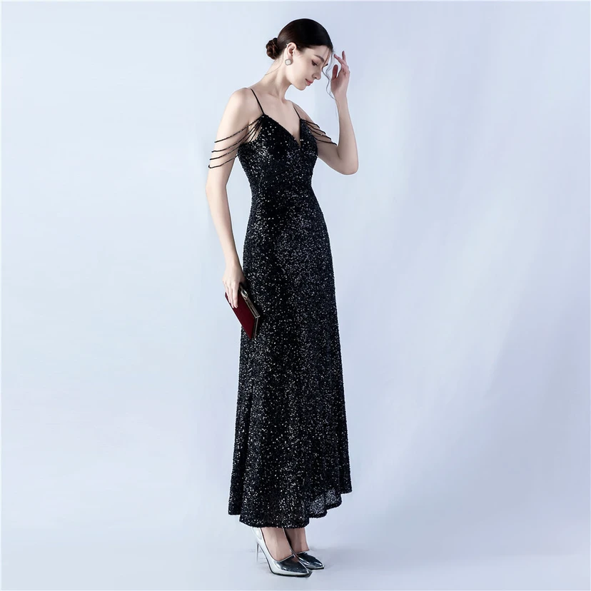 Sling A-Line Large Swing Mesh Sequin Evening Dress view 4