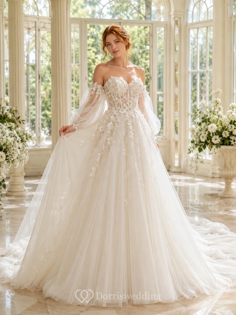 Robe de mariée en dentelle et tulle, robe de bal, épaules dénudées, traîne, ornée d'appliqués