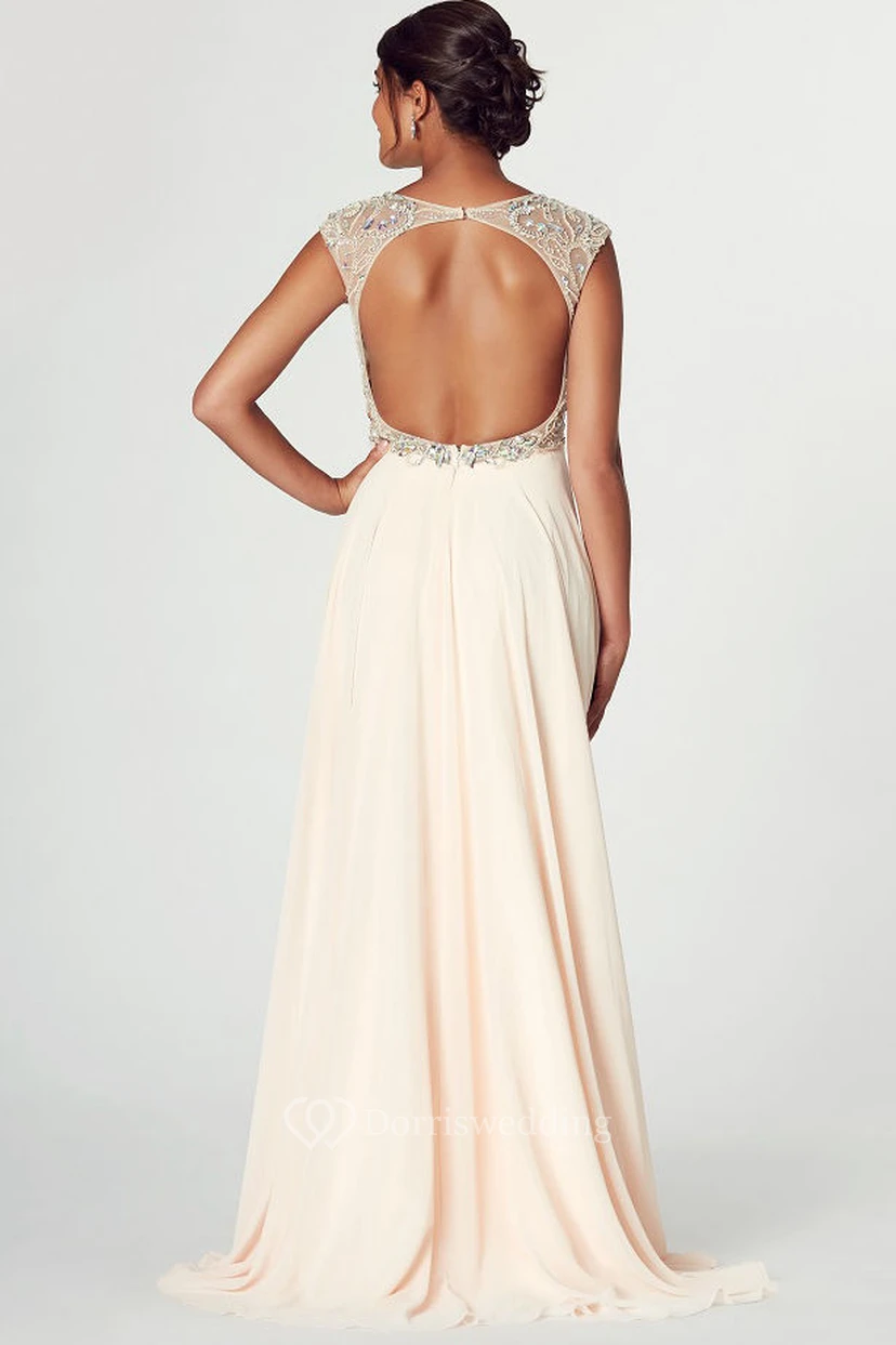 V-Neck Crystal Cap Sleeve Chiffon Prom Dress With Keyhole view 2