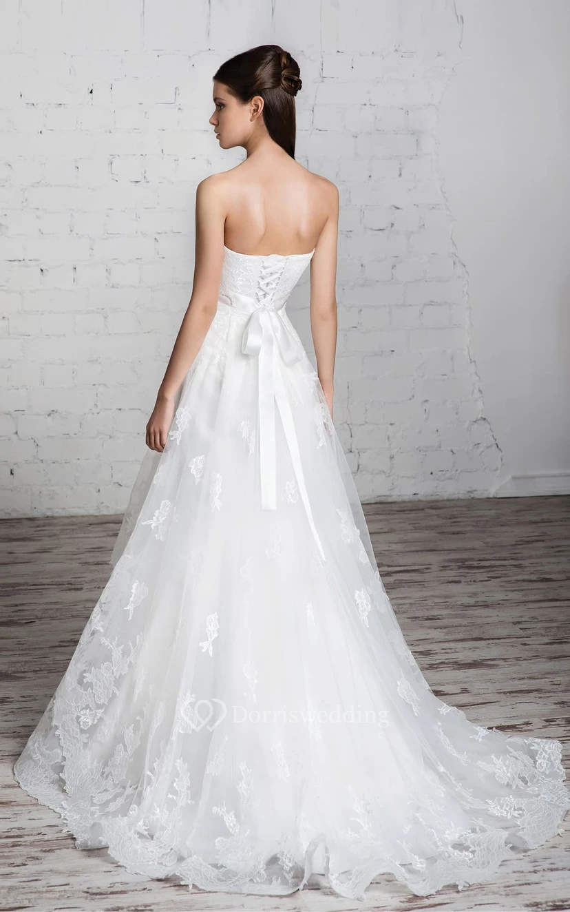 A-Line Long Sweetheart Sleeveless Empire Corset-Back Lace Dress With Tiers And Beading view 2
