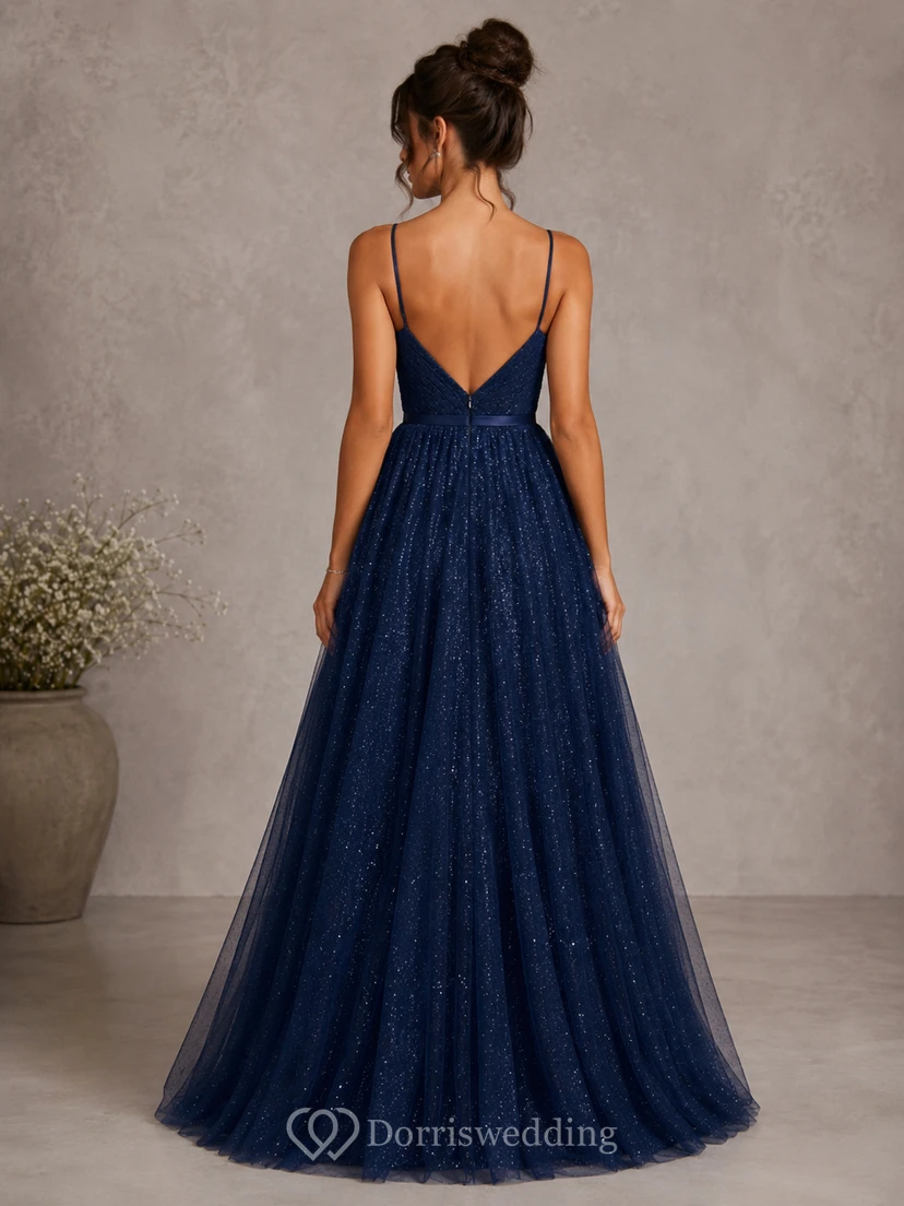 A-Line Sequin Prom Dress with V-neck, Sleeveless and Sequins, Floor Length view 2