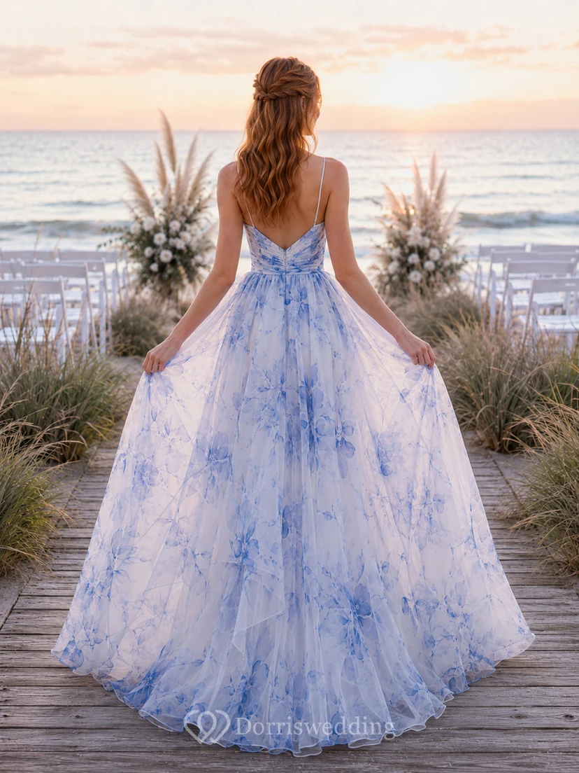 Blue Floral Spaghetti Strap Layered Organza A Line Wedding Dress view 2