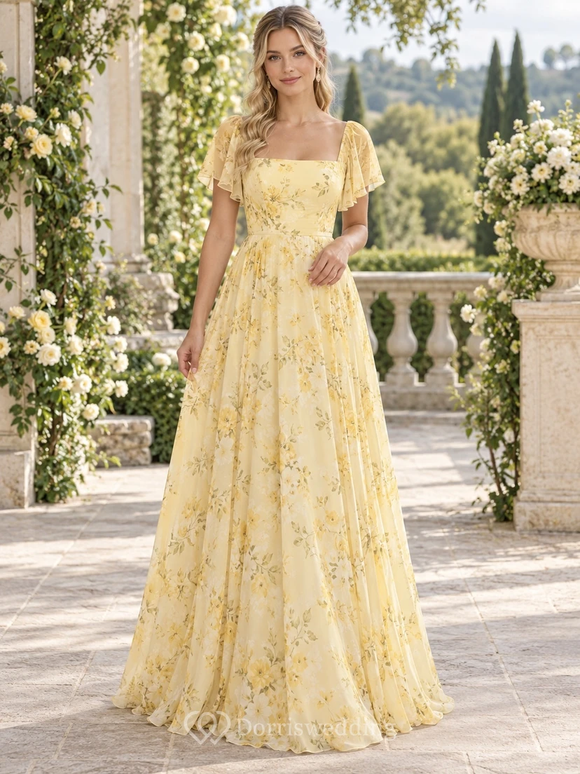 Vestido de dama de honor de gasa con cuello cuadrado, mangas acampanadas y estampado floral de narcisos, largo hasta el suelo y corte en A.