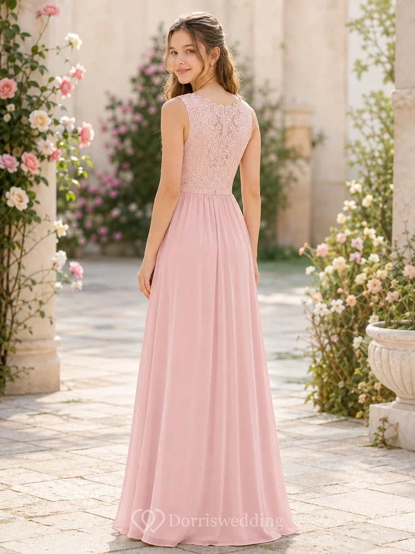 Elegantes, rosafarbenes Brautjungfernkleid im A-Linien-Stil mit Muschelsaum, ärmellos, aus Chiffon und Spitze view 2