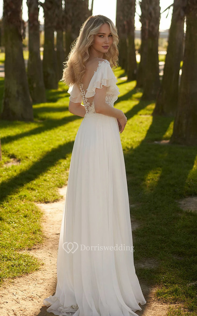 Robe de mariée en mousseline à décolleté plongeant, épaules dénudées et fente sur le devant avec dos illusion view 2