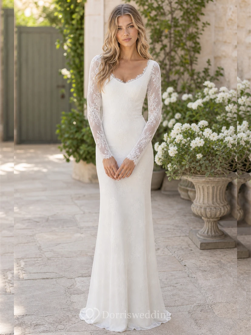 Etuikleid mit Mini-V-Ausschnitt, langen Ärmeln, Schleppe, Reißverschluss und Spitze im Boho-Stil