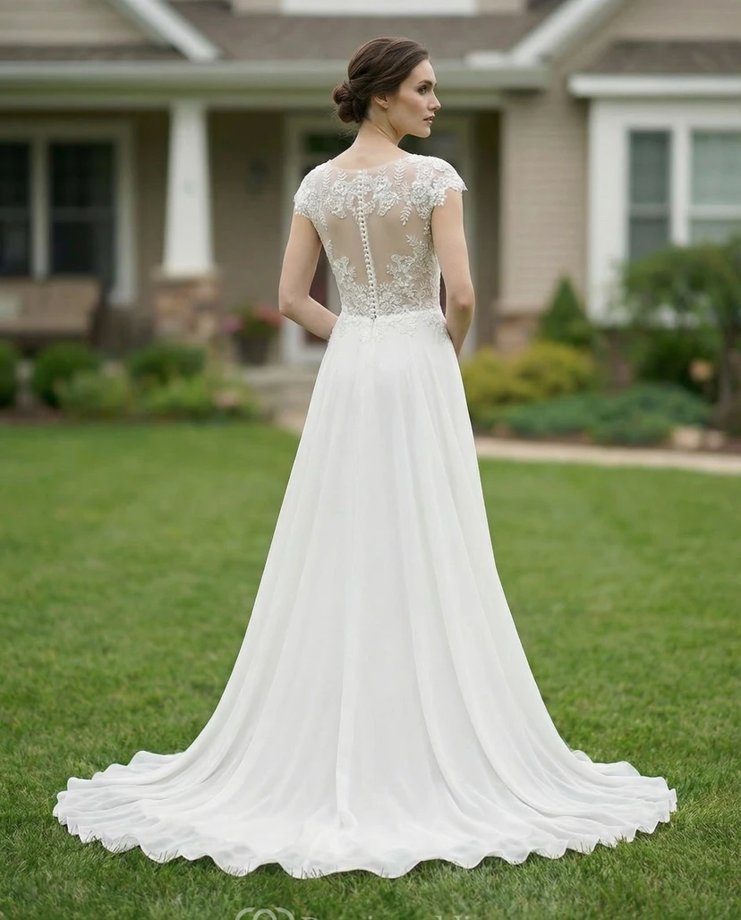 Robe de mariée illusion en dentelle et mousseline à manches courtes view 2
