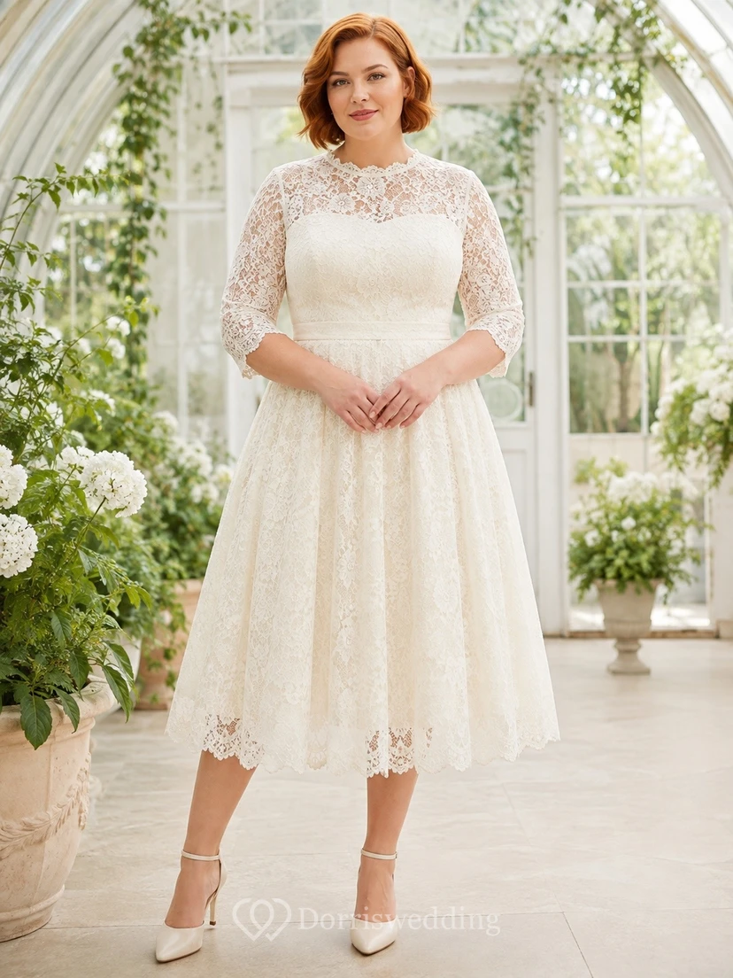 Romantic Elegant Square 3/4-Sleeve Lace A-Line Tea-Length Wedding Dress