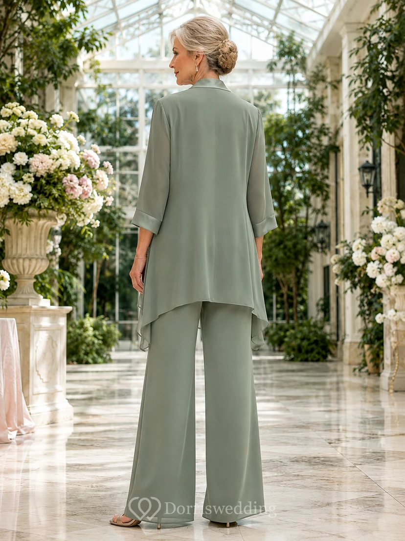 Salbeigrüner, moderner, asymmetrischer Wasserfall-Hosenanzug mit weitem Bein, Dreiviertelärmeln und Lagenlook für die Mutter der Braut view 2