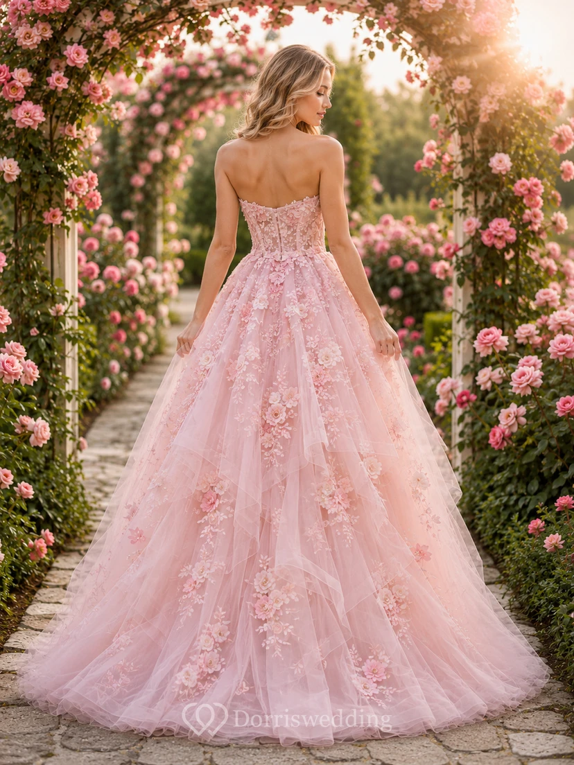 Pink Floral Strapless Tulle Rose Garden Wedding Gown view 2