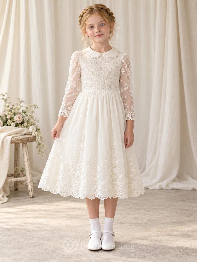 Tea-length Ivory Rounded Collar Smocked Lace Sleeve Communion Dress
