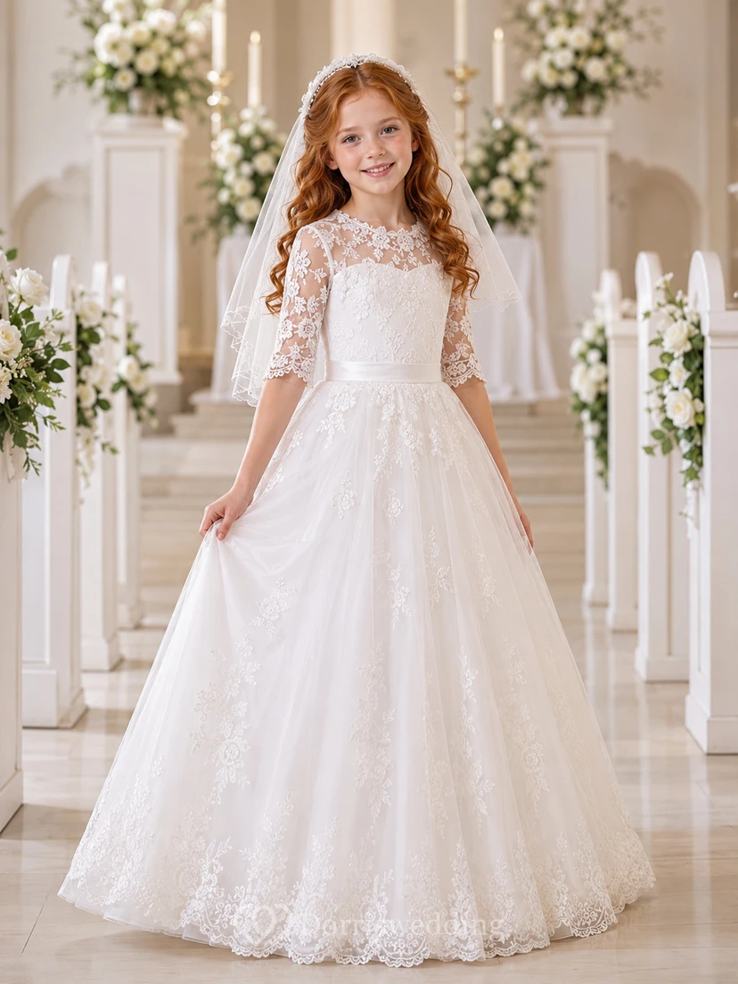 Vestido de comunión para niña de las flores, de manga larga y encaje transparente, con tul completo.