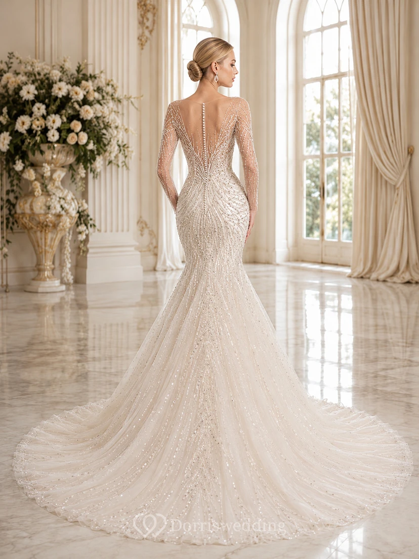 Robe de mariée sirène à manches longues, décolleté en V profond et traîne chapelle, ornée de perles, style bateau view 2