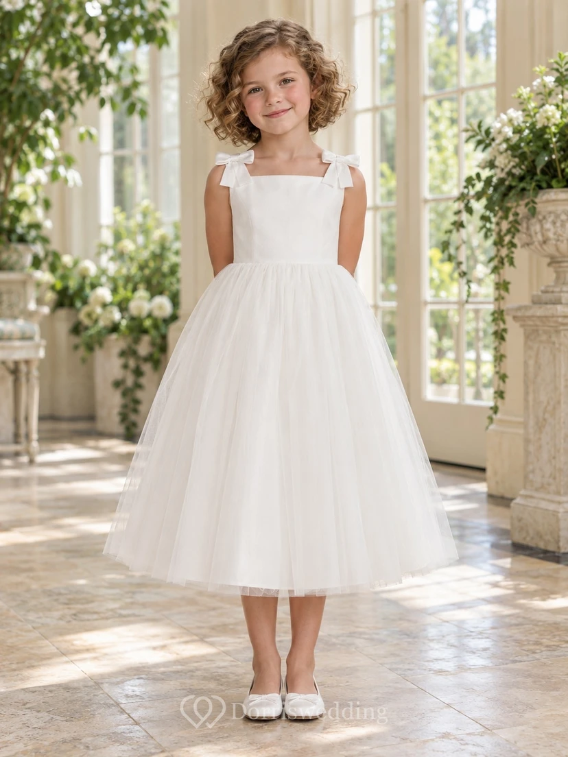 Simple Modest Square Neck White Tea-length Wide Bow Full Tulle Flower Girl Dress
