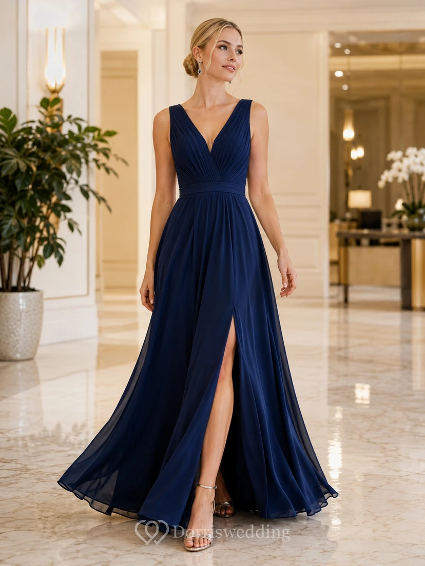 Elegant Dark Navy Chiffon Prom A Line Floor Length V Neck Split Gown