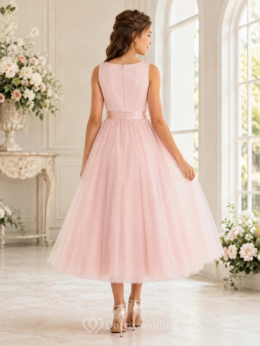 Perlmuttrosa Brautjungfernkleid, A-Linie, ärmellos, mit quadratischem Rock aus Tüll view 2