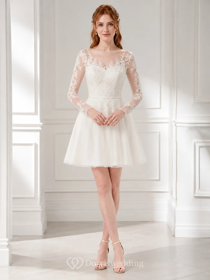 Illusion Lace Bateau Long Sleeve Tulle Short A-Line Wedding Dress
