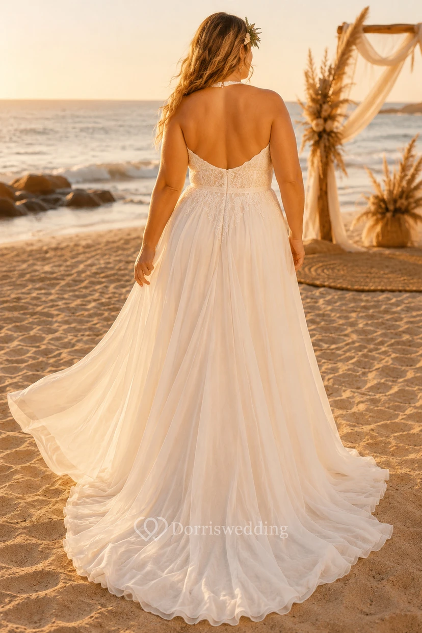Plus Size Neckholder Chiffon A-Linien Strandhochzeitskleid mit Schlüssellochausschnitt view 2