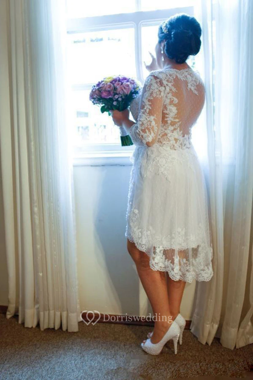 Vintage Brautkleid in Übergröße mit Spitze, A-Linie, halblangen Ärmeln, Illusion-Oberteil und kurzem Schnitt, Gartenstil view 5